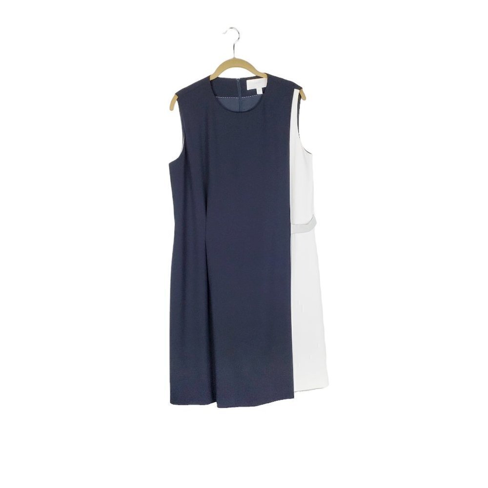 Boss Hugo Boss Halani Dress Navy White Layered Colorblock Sheath Work Size 12